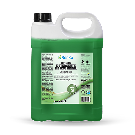 Brillia Detergente Concentrado 5L Renko | Alto Poder Desengordurante | Detergente Neutro para Uso Geral