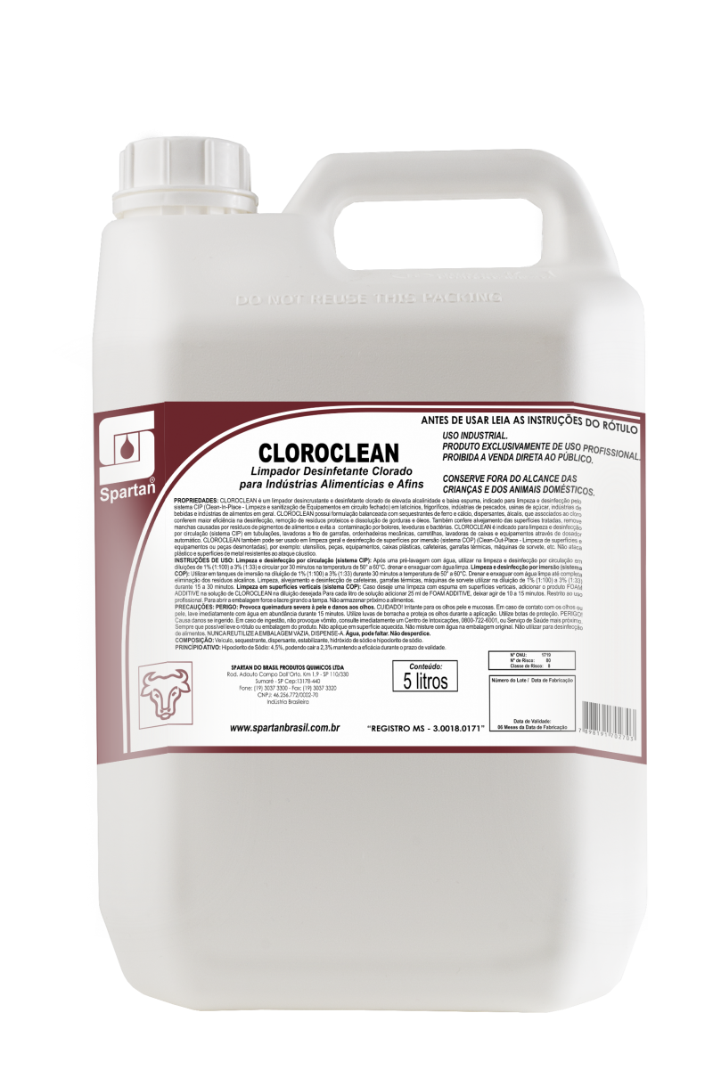 Cloro Clean 5L Spartan | Detergente Alcalino e Desinfetante Clorado | Limpeza e Alvejamento Profissional