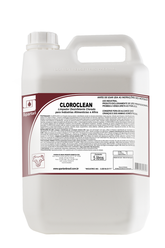 Cloro Clean 5L Spartan | Detergente Alcalino e Desinfetante Clorado | Limpeza e Alvejamento Profissional