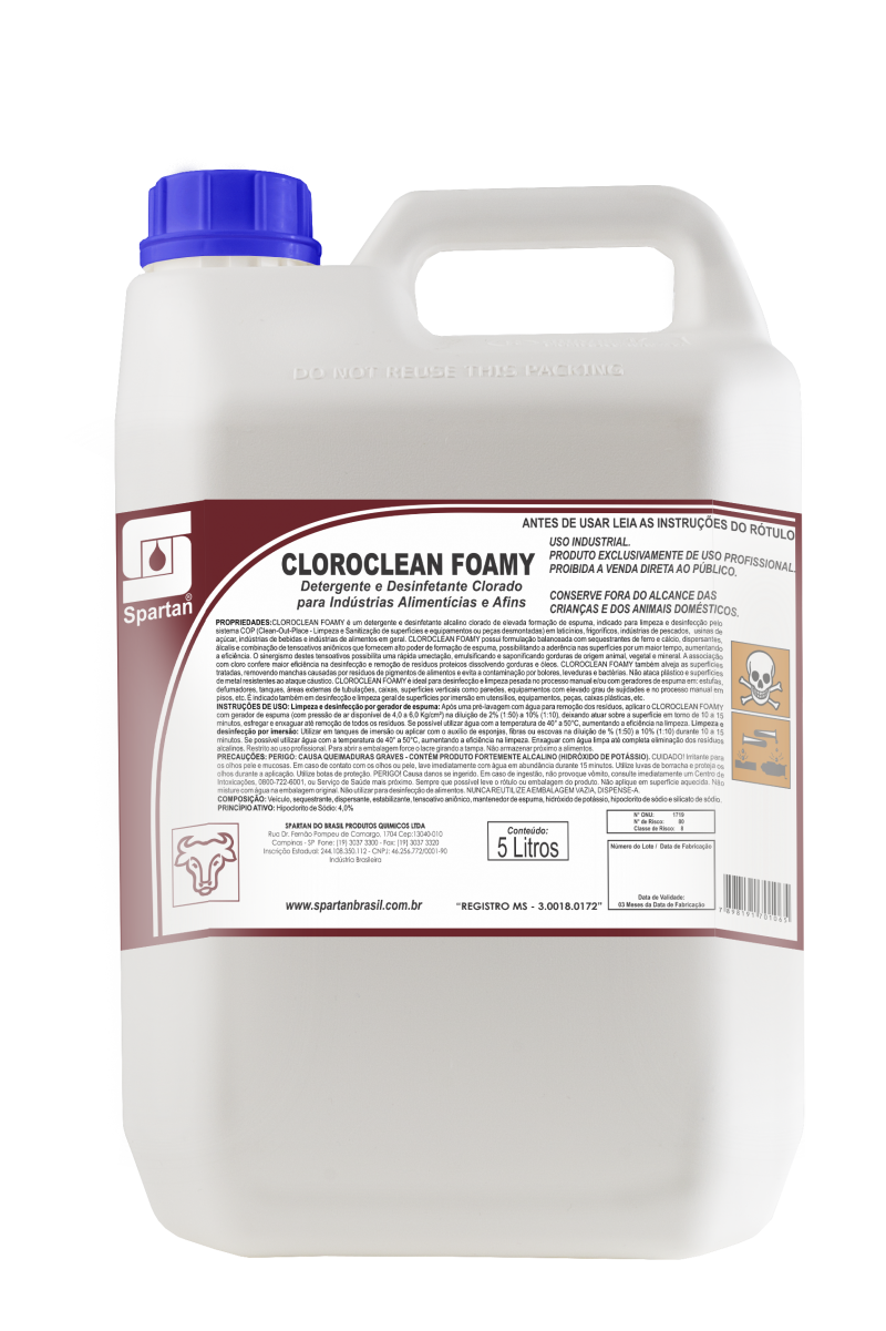 Cloro Clean Foamy 5L Spartan | Detergente Desinfetante Clorado | Alta Espumação para Cozinhas Industriais