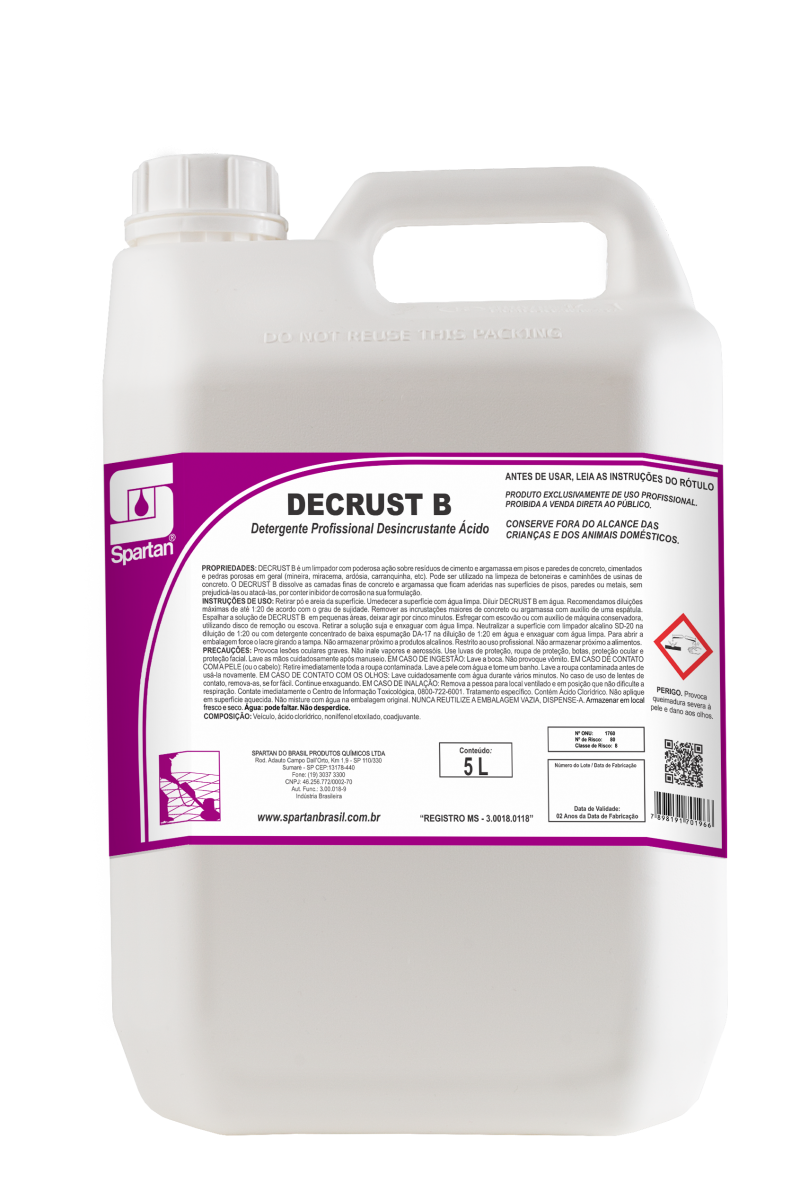 Decrust B 5L Spartan | Limpador Pós-Obra Ácido | Removedor de Cimento e Argamassa